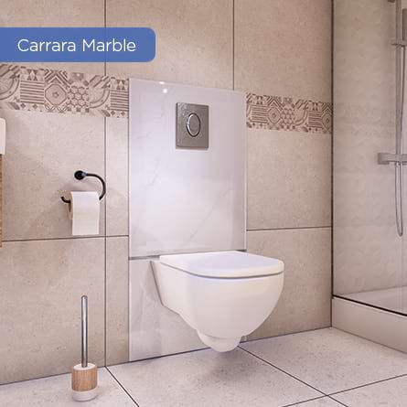 A carrara marble Saniwall pro up style toilet installed in a bathroom in the basement