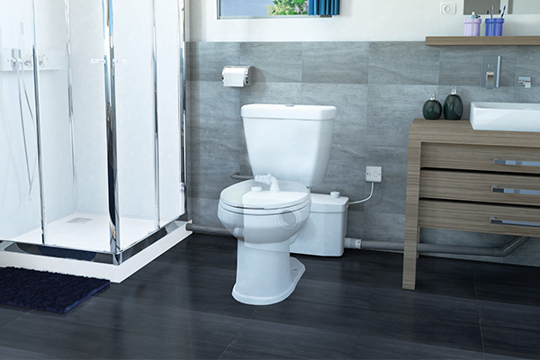 The Saniplus Up toilet installed in a bathroom in the basement